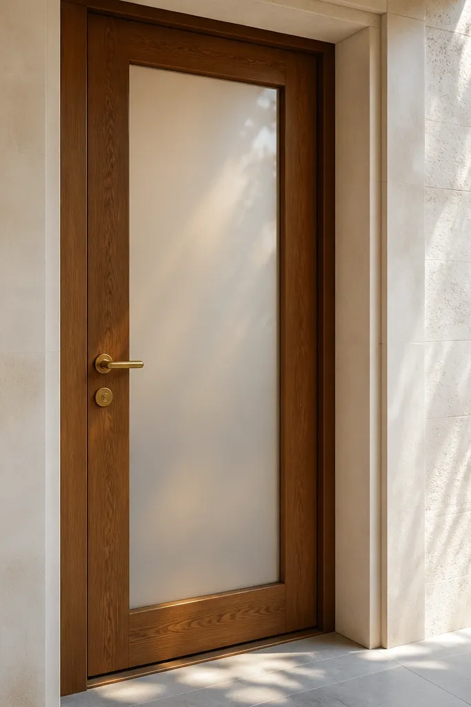 Teak door frame holding a frosted glass center panel and warm brass hardware
