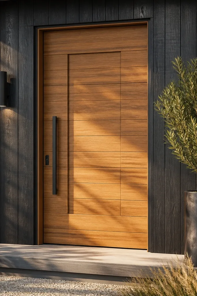 Teak door with horizontal bands and an off-center inset shape