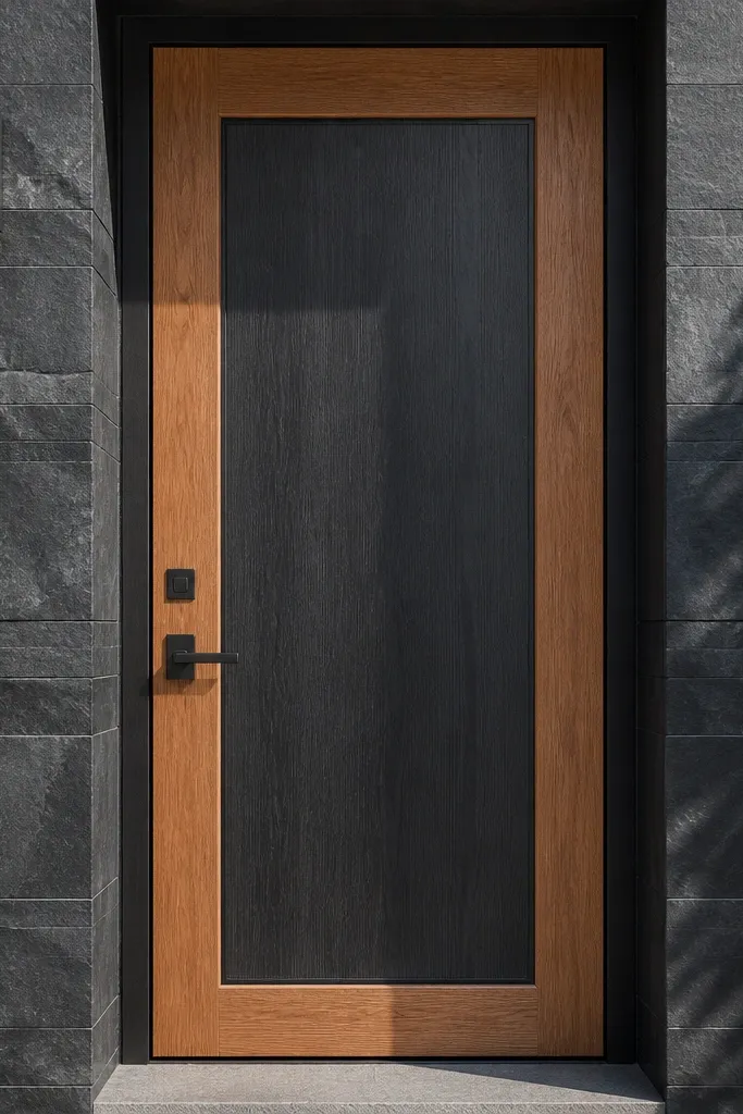 Two-tone door with teak outer border and charcoal center panel