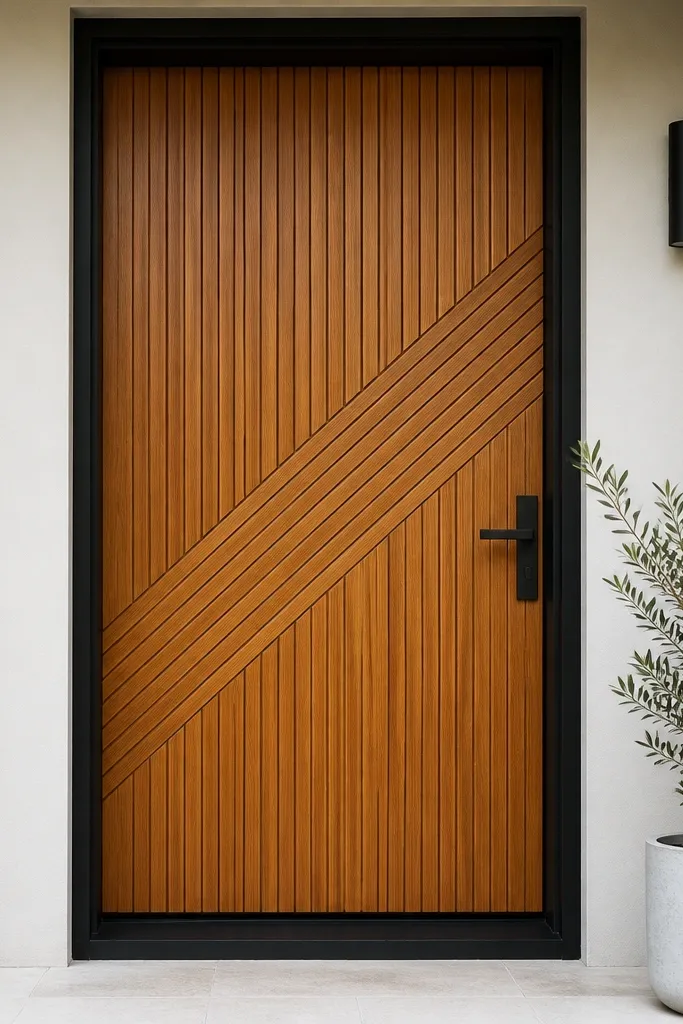 Teak slat door with diagonal infill strips and dark bronze hardware