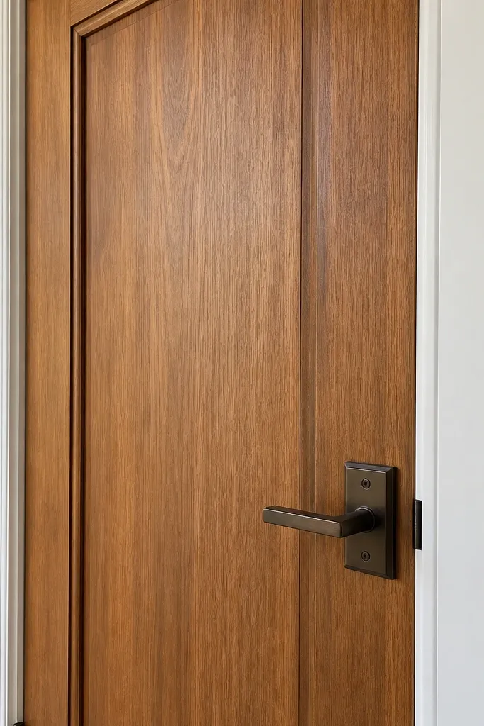 Modern panel door with teak veneer panels and a minimal metal handle