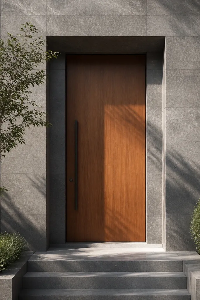 Recessed teak door inside a stone-textured surround with warm metal handle
