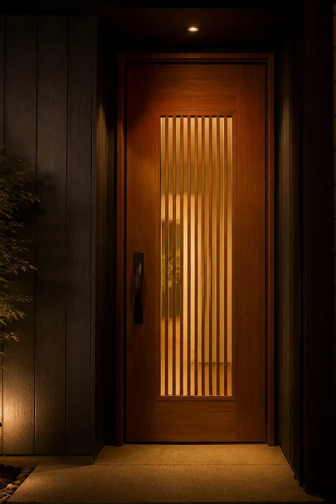 Teak door with thin vertical grille bars and a warm-lit glass panel