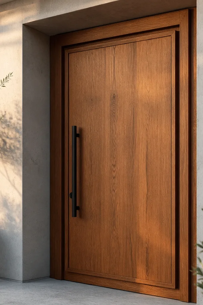 Teak door with a floating border panel and hidden hinges