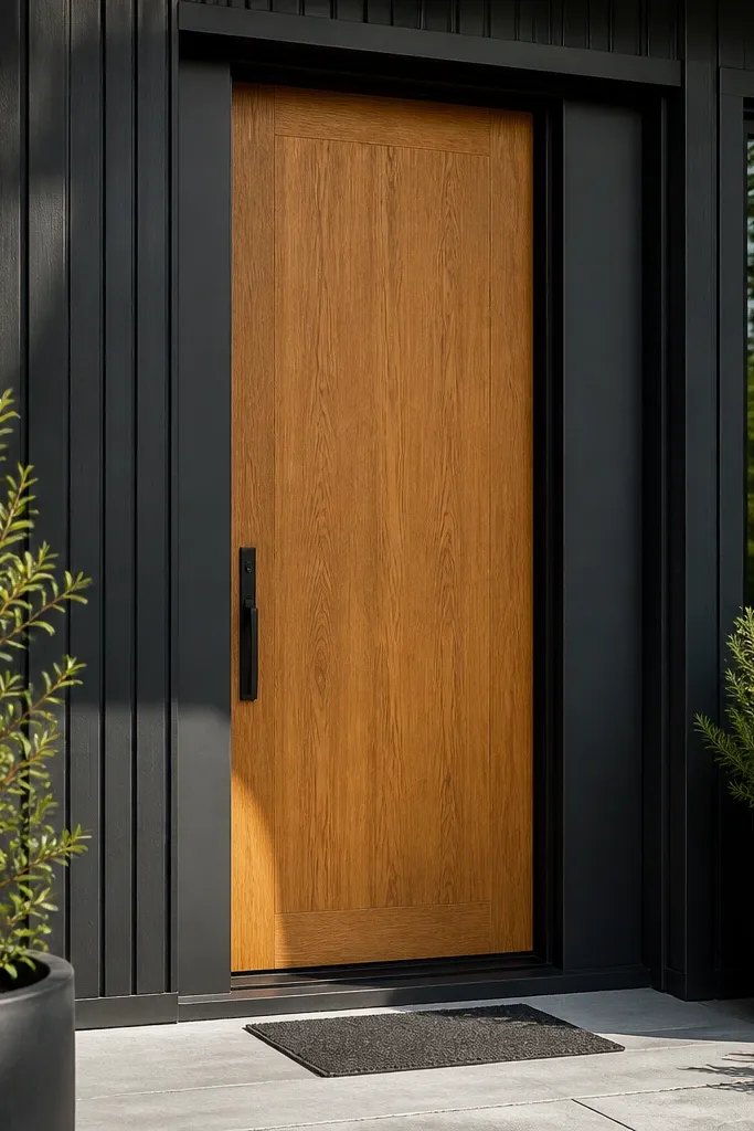 Teak door set in a matte graphite aluminum frame