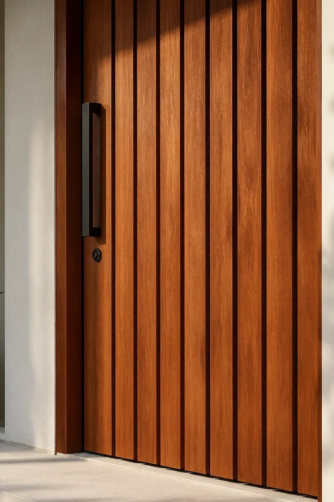 Teak door with wide vertical grooves and a simple bronze lever
