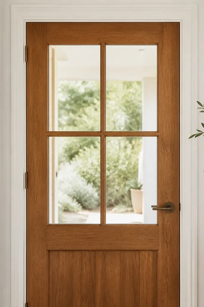 Teak door with grid glass inserts and a warm brass handle