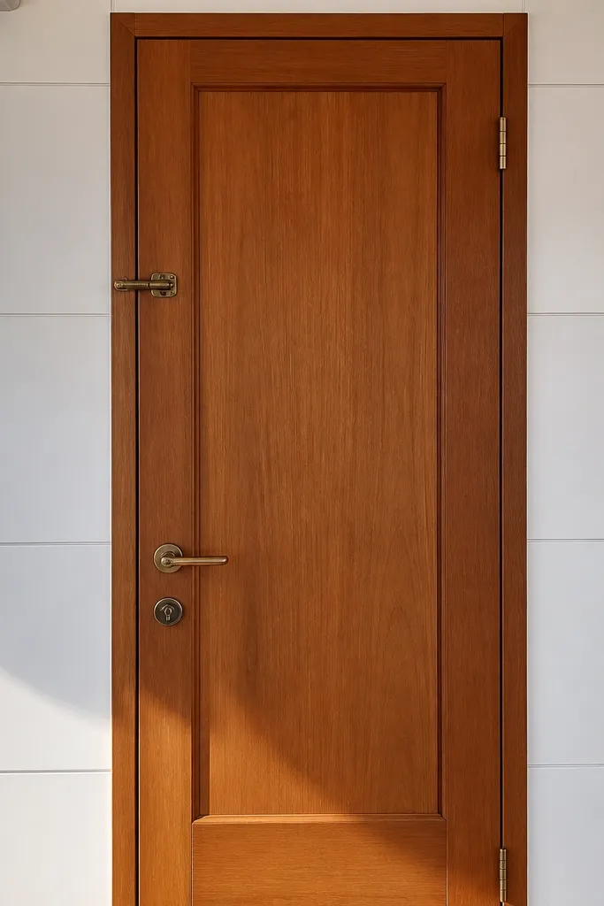 Teak door centered in a matte white entry panel with bronze lever