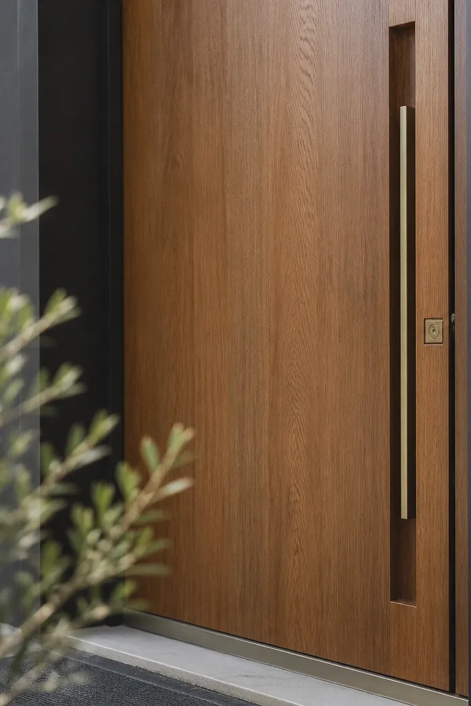 Teak door with a recessed vertical handle channel and minimal hardware