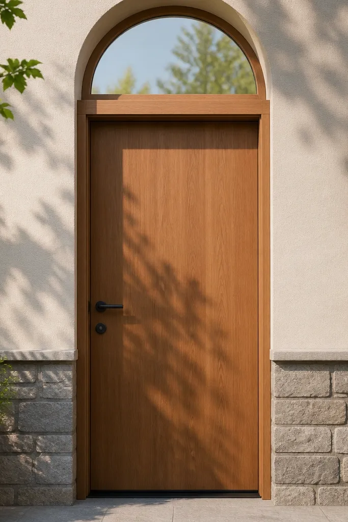 Teak main door with a rounded transom panel and warm bronze hardware