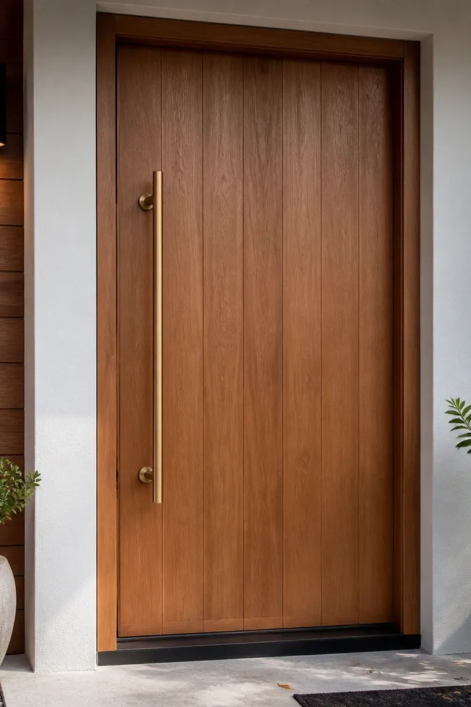 Teak door with a vertical grip rail and a concealed kick plate