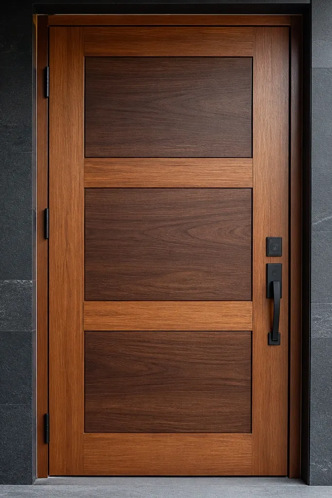 Teak door with warm walnut tone laminate inset panels and black hardware