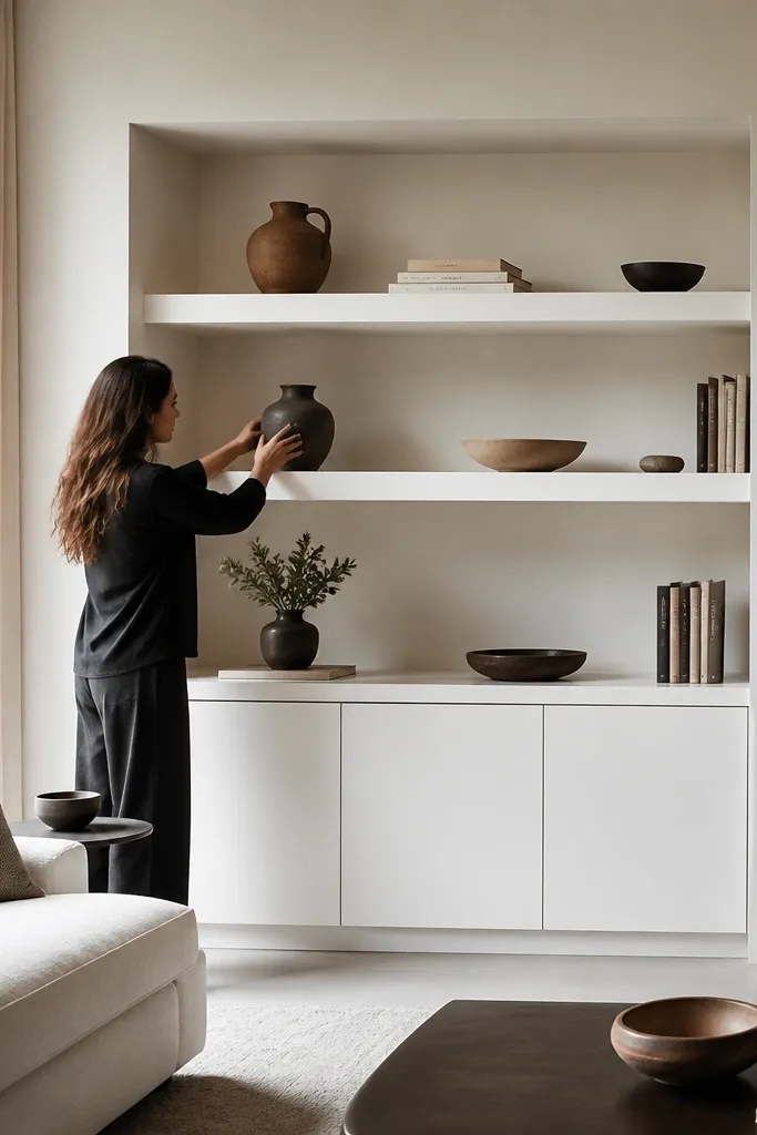 White built-in box shelves with hidden mounting and clean flat fronts