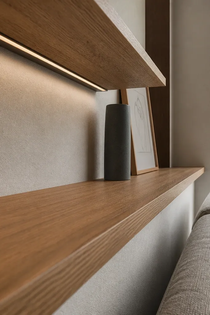 Minimal wall shelves with a thin shadow gap under the board