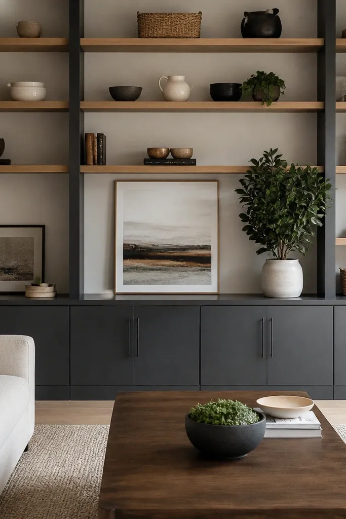 Built-in shelves with vertical ladder openings and closed base cabinets
