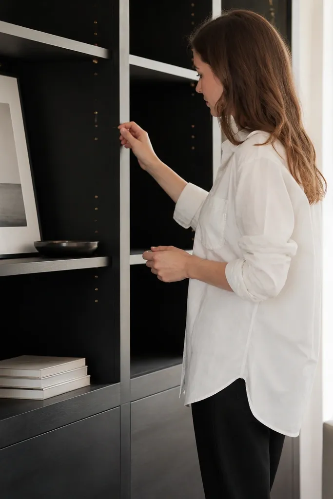 Black built-in shelves with brass accents and minimalist open compartments