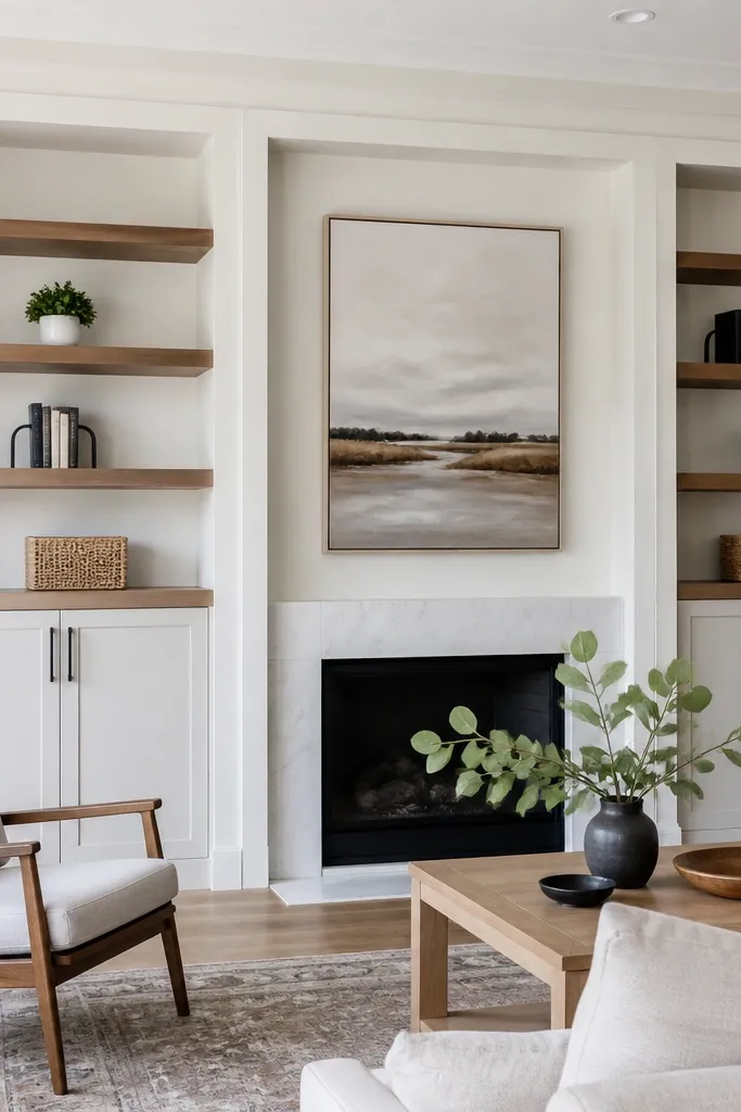 Warm wood shelves inside white built-in frames