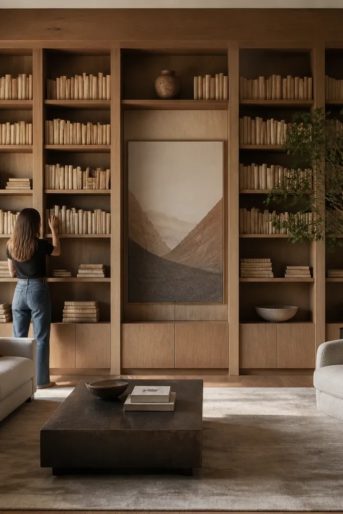 Full-height built-in shelves with a continuous top beam and open sections