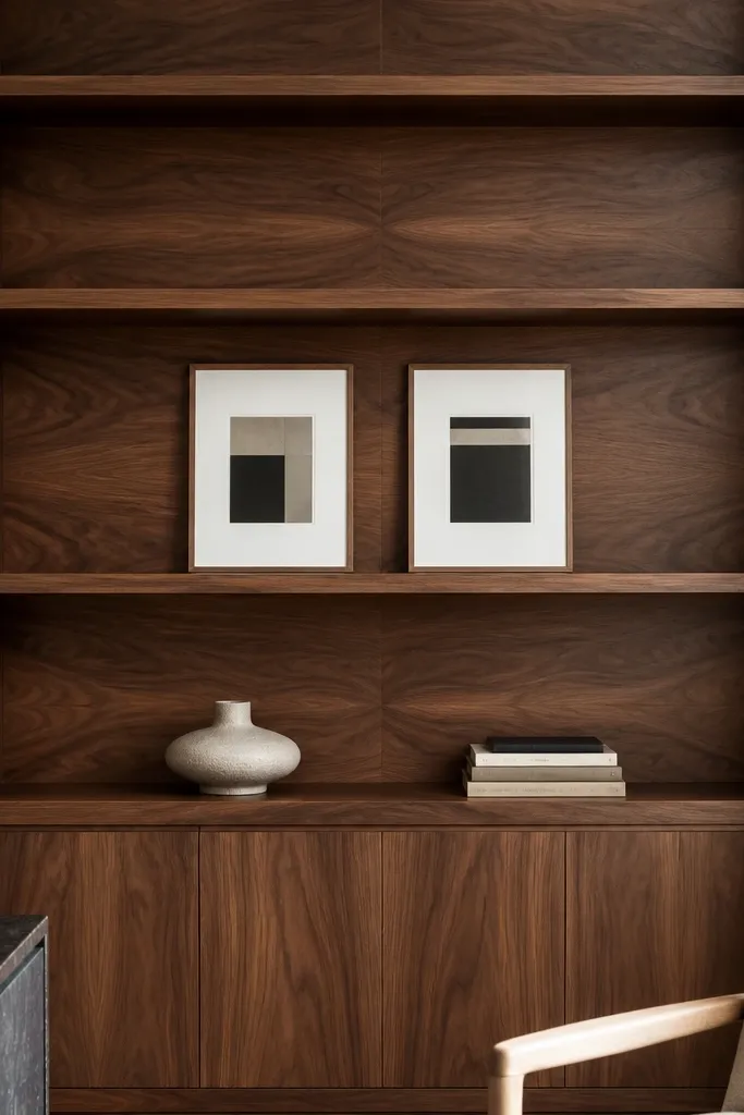 Built-in shelves with book-matched veneer panels and clean minimal openings