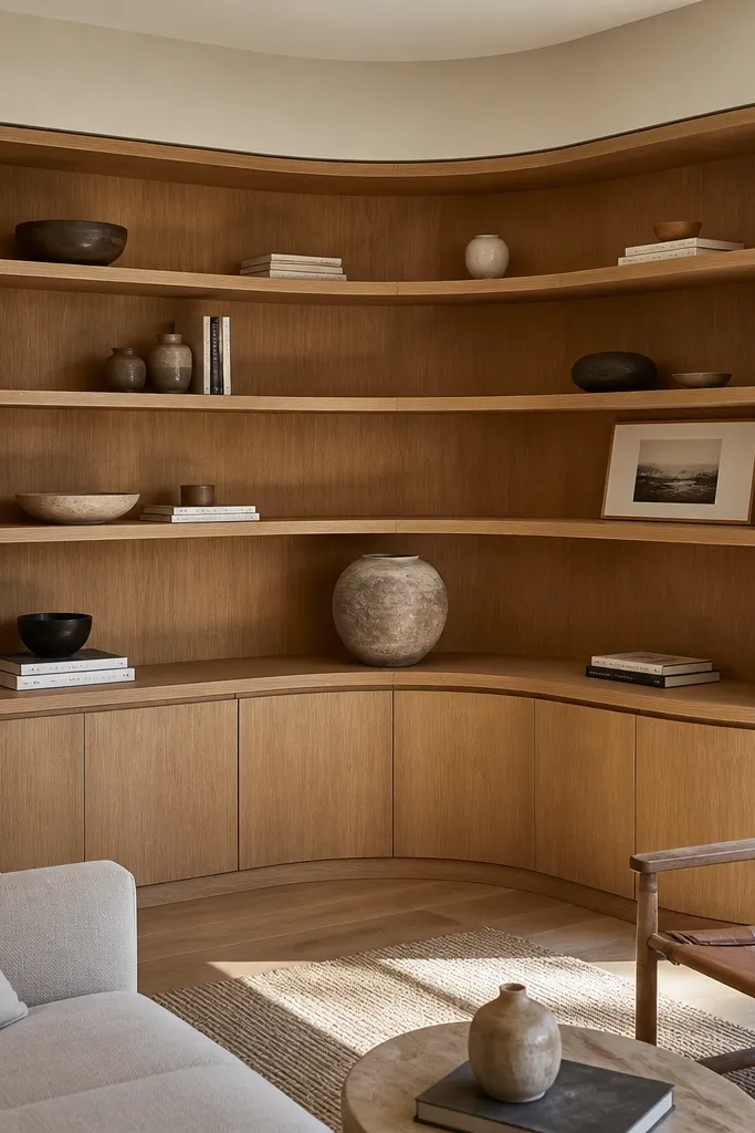 Built-in corner shelves with a soft curved outline and minimalist interiors
