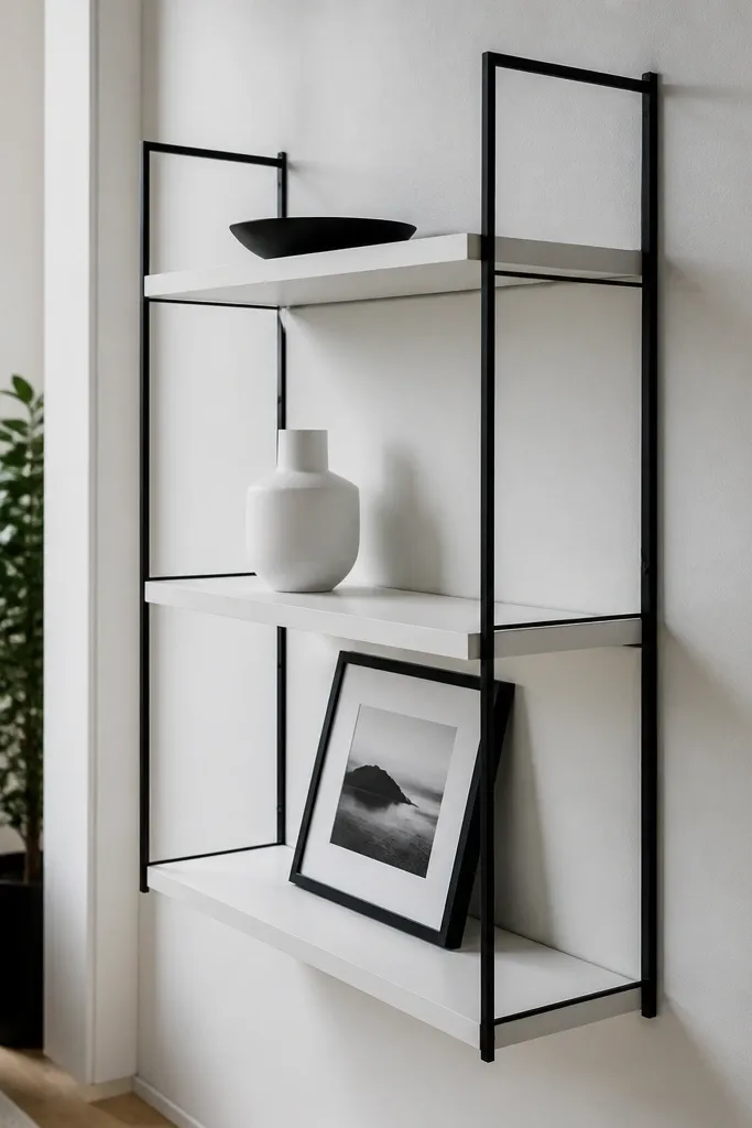 White slab shelves with slim black metal rails in a built-in wall