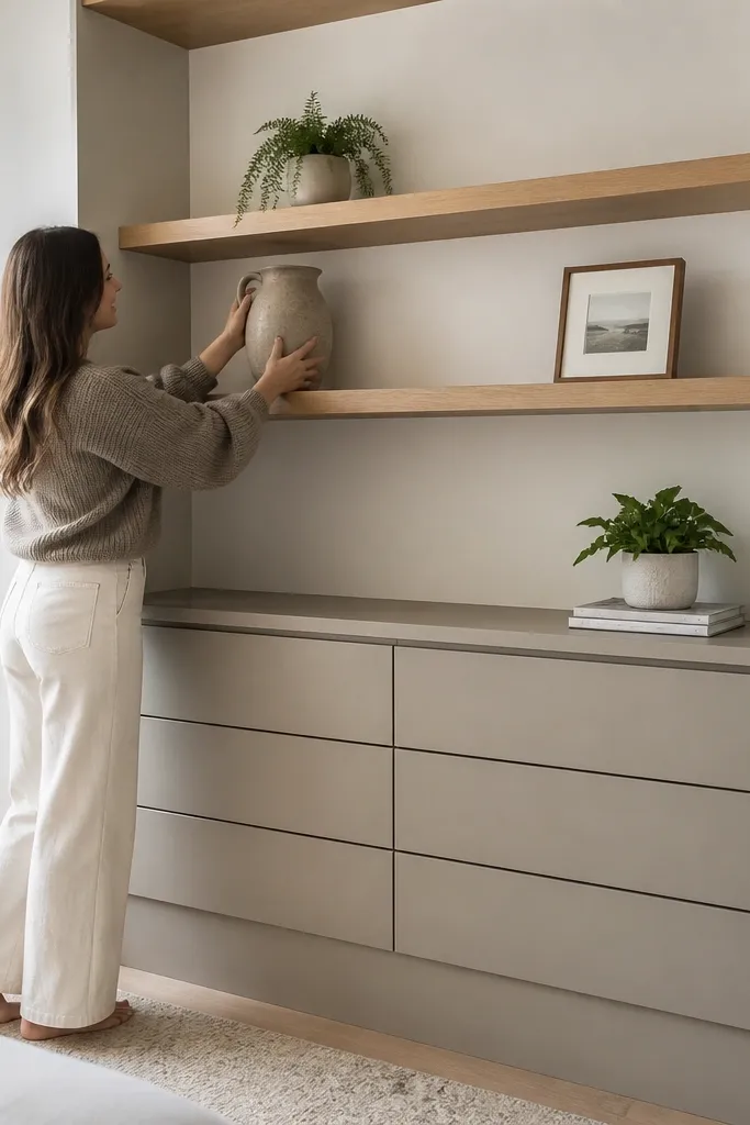 Built-in wall with open top shelves and drawer cabinets underneath