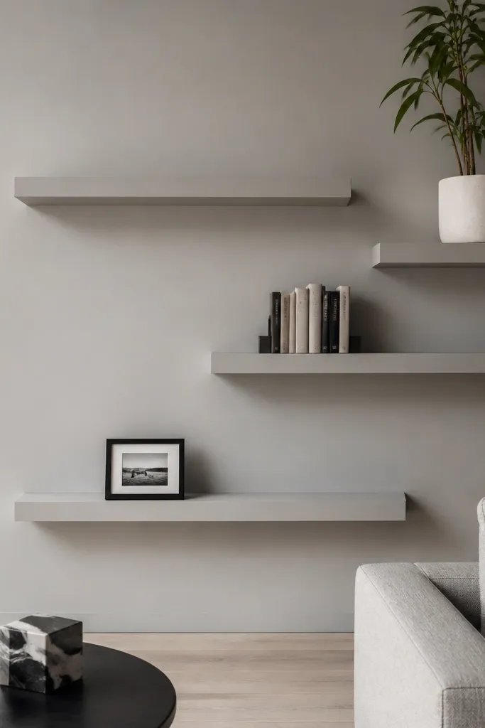 Built-in staggered shelves with consistent depth and minimal framing