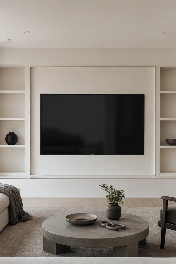 Built-in shelves framing a TV wall with a thin central reveal