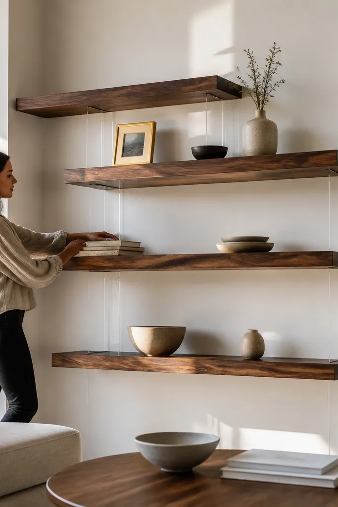 Walnut built-in shelves with clear back panels behind open compartments
