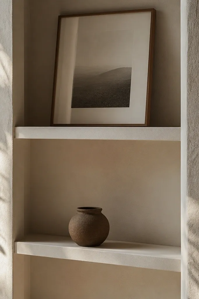 Built-in shelves inside a textured plaster wall surround