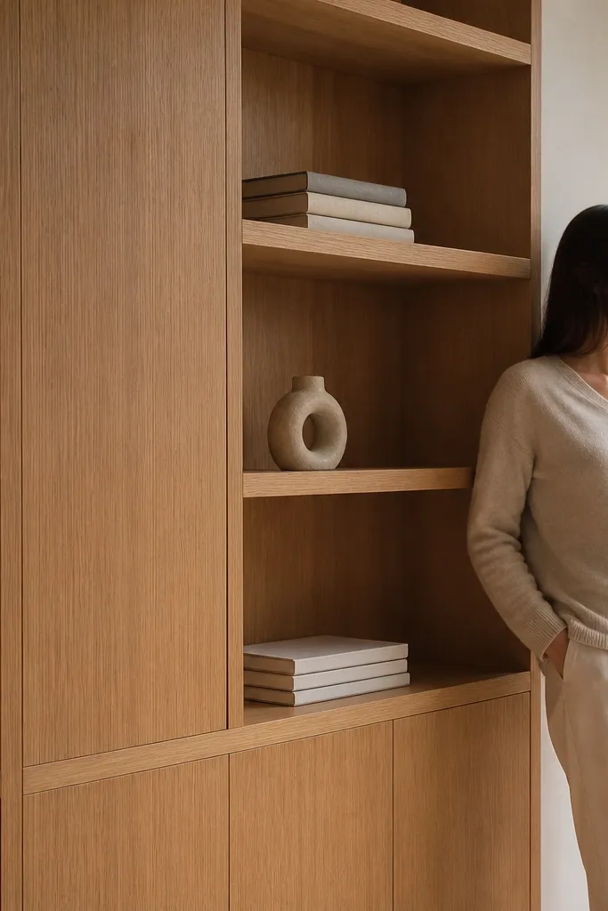 Oak built-in shelves with vertical grain faces and minimal lines