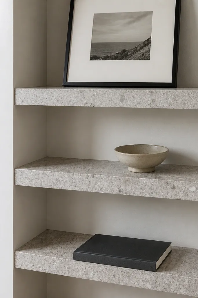 White built-in shelves with stone-look laminate shelf surfaces