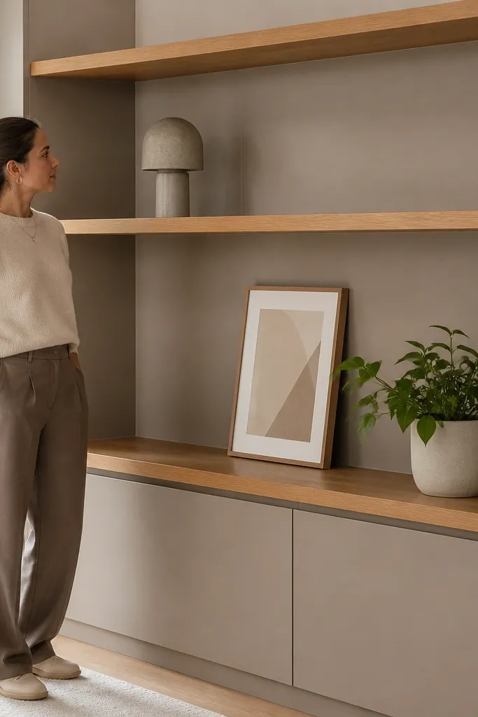 Built-in open shelves with clean backs and no visible wires
