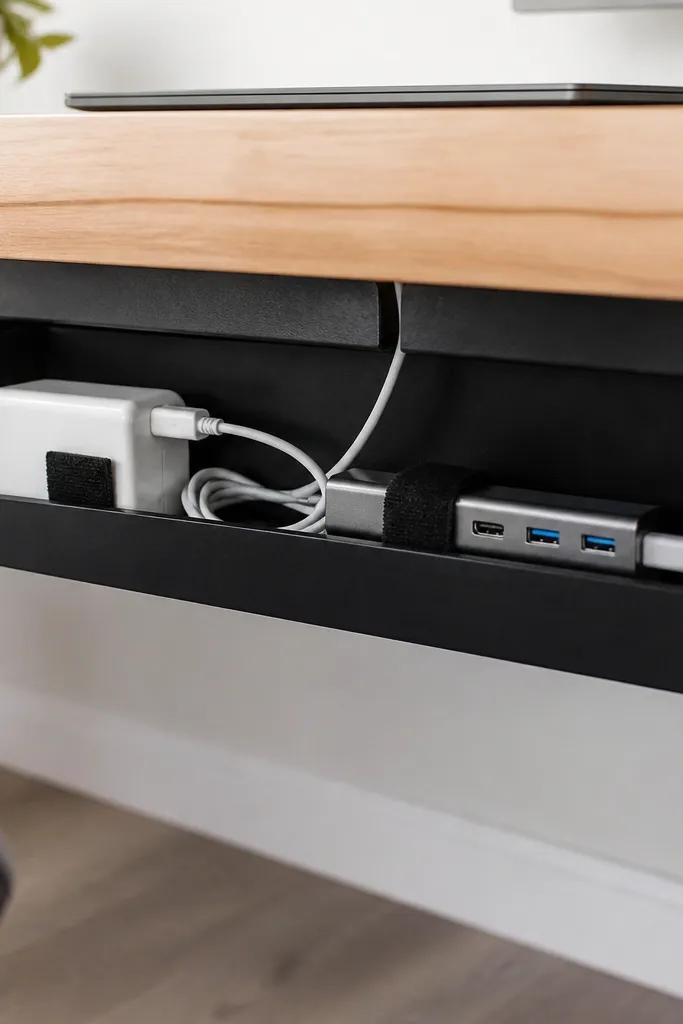 A brown cardboard tray mounted under a desk edge, wrapped in matte black contact paper. Black Velcro tabs hold a phone charger and a small USB hub. A cable runs through a neat gap with slack tucked into the tray.