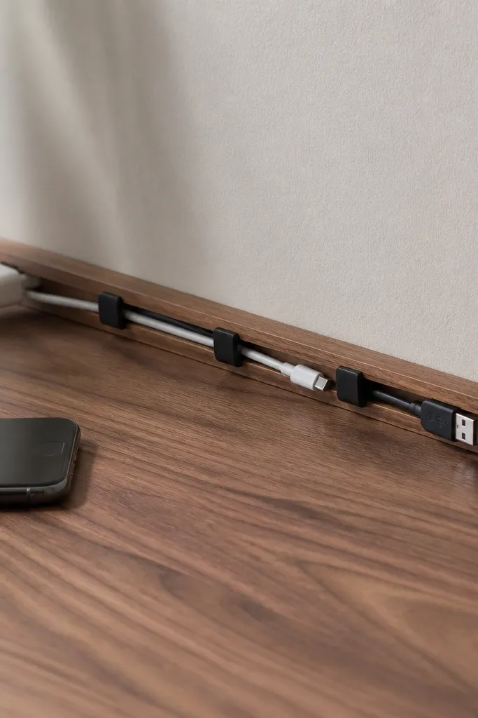 A narrow wooden strip mounted along the back edge of a desk with a shallow U-shaped channel. Black cable clips hold a phone charger cable and a small USB cable under the lip.