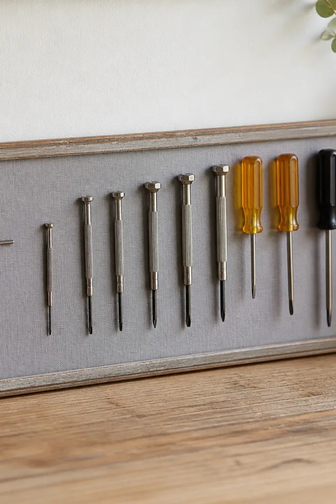 A slim rectangular organizer made from an old picture frame backing. The backing is covered in light gray fabric and has a long line of small neodymium magnets. Screwdrivers and a tiny hex key stick in a row.