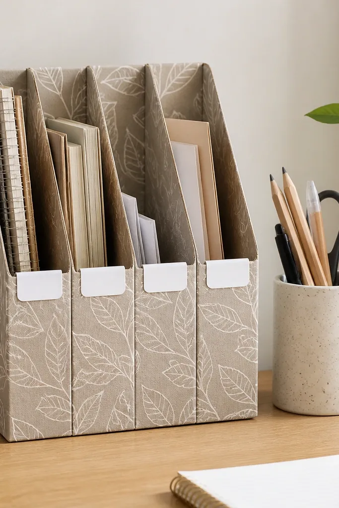 Four vertical slots made from a wrapped cereal box, standing upright. Each slot has a small white label tab with black marker. The whole organizer is on the left side of a desk beside a pencil cup.