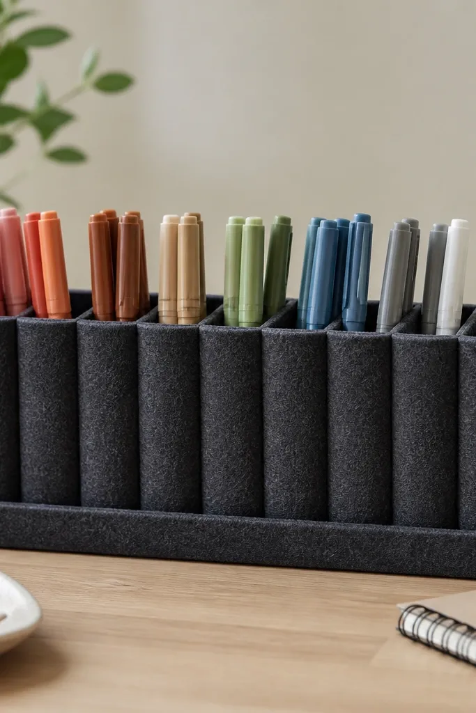 A rectangular organizer made from charcoal gray felt with 12 vertical slots. It sits in a shallow tray and holds markers and a couple of pens, with a clean top edge.