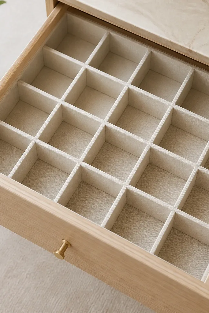 A shallow drawer insert made from fabric-covered foam board. Inside are small rectangular compartments in a grid. The fabric is cream with a subtle linen texture and the compartments are evenly spaced.