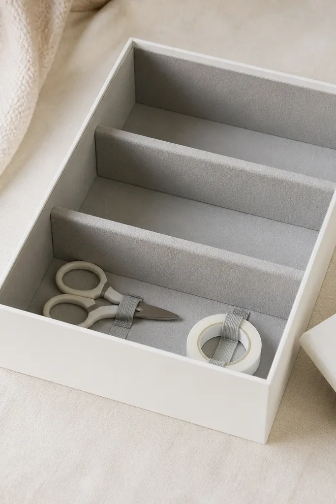 A matte white shoebox organizer with a lid removed, lined in light gray fabric. Inside are two foam dividers and small elastic bands holding scissors and tape.