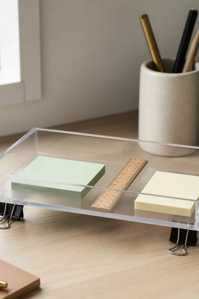 A clear vinyl tray with crisp corners, resting on two binder clips used as feet. It sits on a desk and holds sticky notes and a small ruler.
