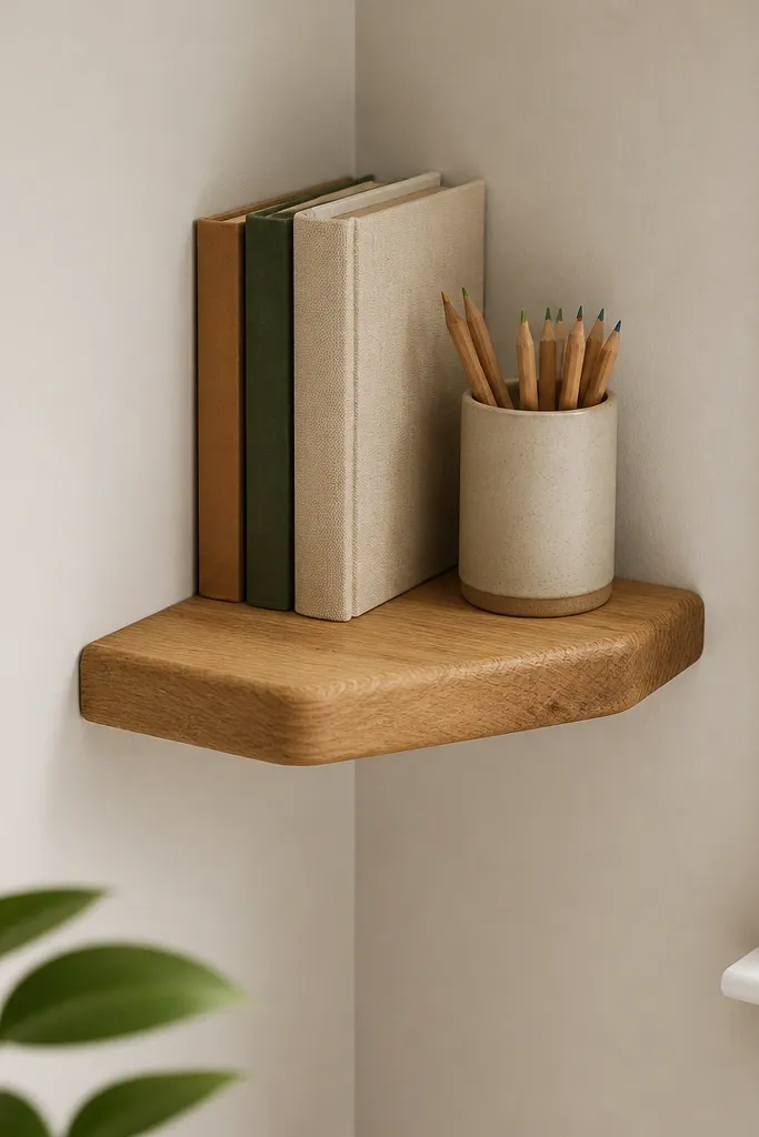 A small floating shelf in a corner, made from a rough 2x4 offcut sanded smooth. The shelf is stained light oak and has a slightly rounded front edge. A few books and a pencil caddy sit on top.