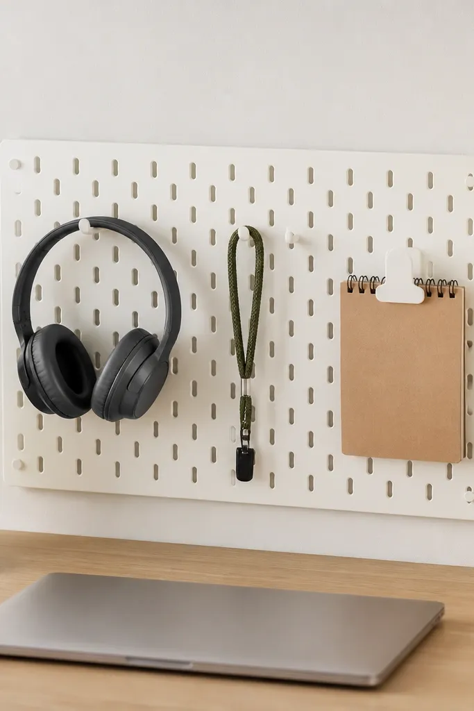 A small pegboard panel mounted behind a desk, painted matte off-white. It holds a line of hooks with headphones, a lanyard, and a small clip for a notebook.