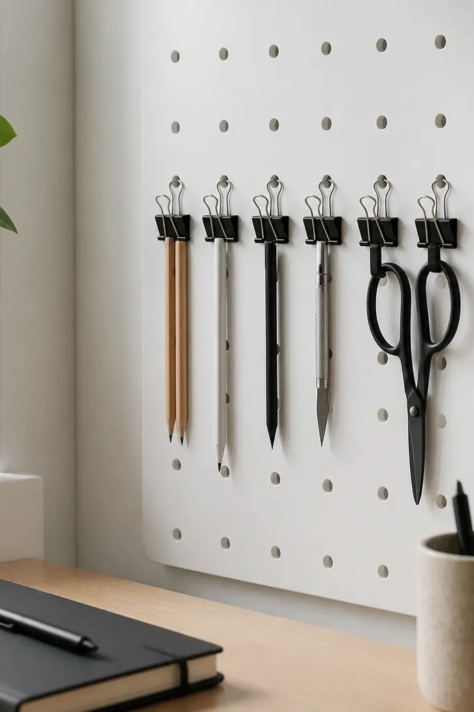 A small pegboard panel next to a desk, painted matte white. A row of binder clips holds pencils and small tools. The binder clips are clipped to the pegboard holes so everything hangs vertically.