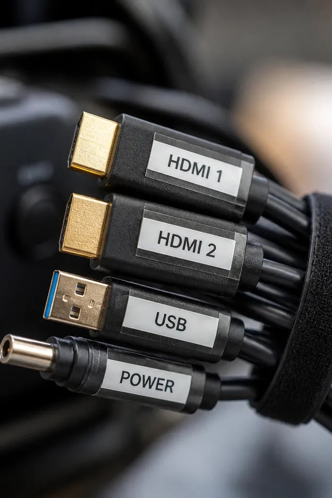 Close-up of tidy cable ends labeled with small clear-looking strips. The labels have crisp black text and sit neatly on a cable bundle with a Velcro tie.