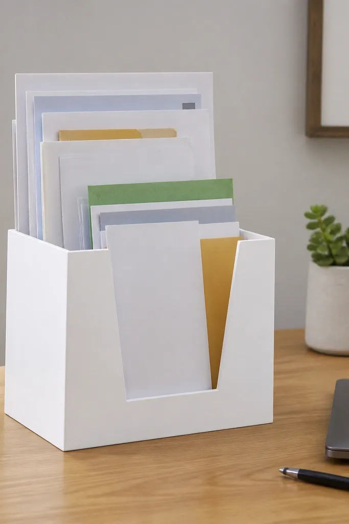 A U-shaped stand made from white foam board with clean seams, holding a vertical row of mail and school papers. It sits at the center-left of the desk.