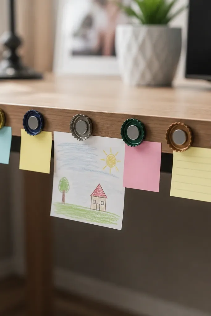 A thin strip of bottle caps on a desk edge, each cap holding a small magnet. Tiny sticky notes and a single kid drawing are pinned neatly in a row.