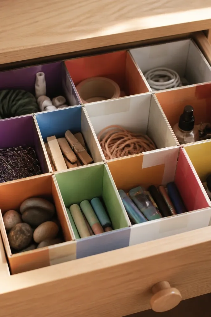 Inside a desk drawer, a grid of square compartments made from laminated cereal boxes. Each divider has a small flap edge held with removable tape so the layout can change.