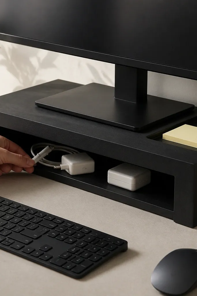 A monitor riser made from thick foam board wrapped in matte black contact paper. On top is a shallow tray for sticky notes, and inside the riser there's a hidden compartment for small chargers.