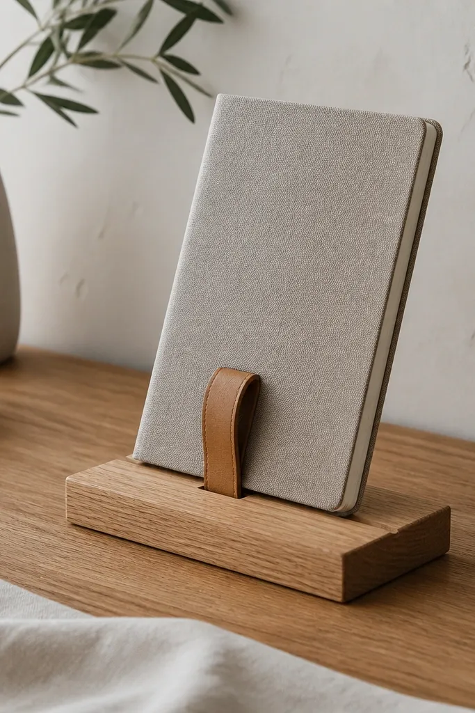 A small dock: a light oak plank with a leather strap loop holding a notebook upright. The strap is tan and the wood is sealed matte.